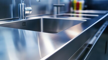Stainless steel commercial sinks, modern kitchen, restaurant or food prep area
