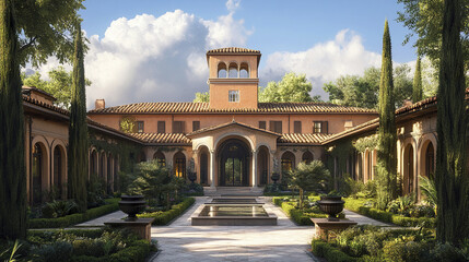 Luxurious Mediterranean villa with Tuscan columns and lush garden