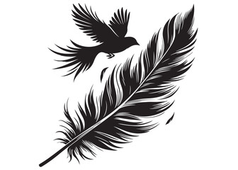 Obraz premium vector silhouette of a feather with flying bird logo, feather with flying bird logo icon, feather with bird logo design black animal, black feather with flying bird silhouettes on white background