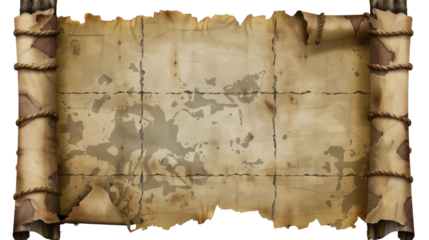 Unveiling the Past: An aged parchment scroll, its surface worn and etched with time, unfurls secrets of exploration and discovery.