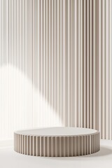 minimal, fluted, cylindrical, plinth, podium, 3d rendered style, biege background, circular platform, fluted base, monochromatic, beige tones, modern design, minimalist display, textured panels, soft 