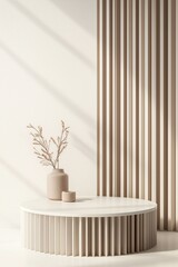 a minimal fluted cylindrical plinth, podium with vase, 3d rendered style, biege background