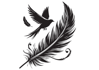 Obraz premium vector silhouette of a feather with flying bird logo, feather with flying bird logo icon, feather with bird logo design black animal, black feather with flying bird silhouettes on white background