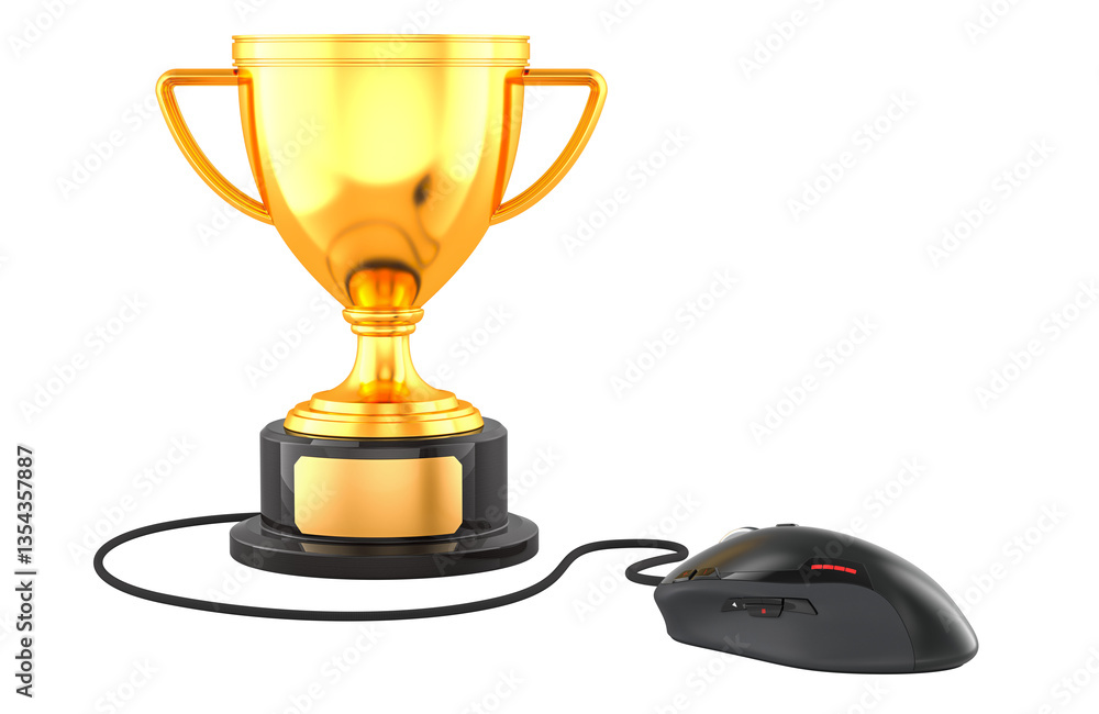 Poster gold trophy cup award with computer mouse, 3d rendering isolated on transparent background