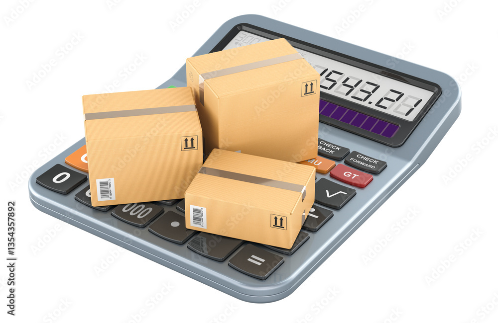 Poster calculator with parcels. calculation of shipping, concept. 3d rendering isolated on transparent back
