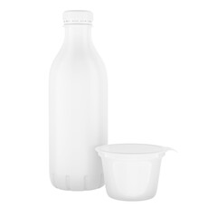 Dairy products. Milk bottle and yogurt packaging, 3D rendering isolated on transparent background