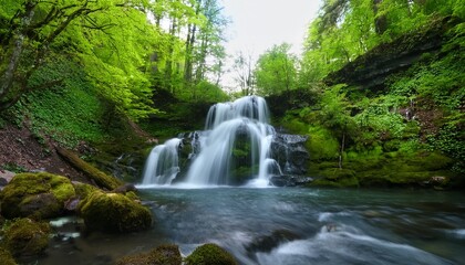 Naklejka premium 鮮やかな春の緑に囲まれた、美しい滝の風景