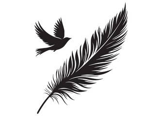 vector silhouette of a feather with flying bird logo, feather with flying bird logo icon, feather with bird logo design black animal, black feather with flying bird silhouettes on white background
