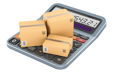 Calculator with parcels. Calculation of shipping, concept. 3D rendering isolated on transparent background