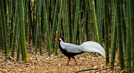 Naklejka premium A Silver Pheasant Walking Gracefully Through a Dense Bamboo Grove-
