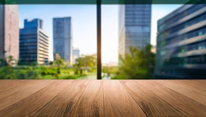 empty wood table top and blur glass window wall building banner mock up abstract background can used for display or montage your products