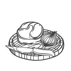Beef steak raw slice on wooden board line icon. Outline hand drawn sketch of gourmet roast beef with knife and half onion. Cooking meat, barbecue mascot, steak of round shape vector illustration