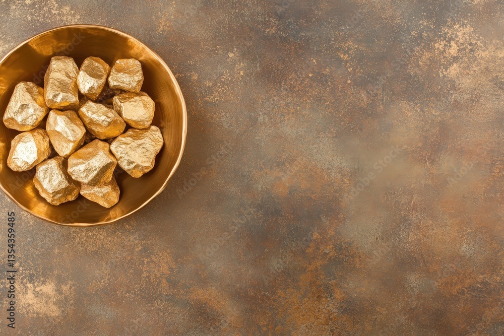 Poster a bowl filled with golden stones rests on a textured surface, creating a warm and inviting atmospher