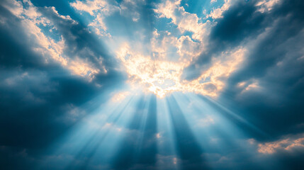 Sunlight rays breaking through dramatic clouds with radiant glow and soft golden light over expansive sky, scenic sunrise and cloudscape for inspirational nature and atmospheric sky backgrounds