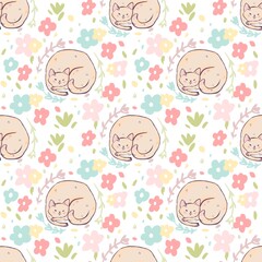Dreamy and charming cat-themed pattern with sleeping cat, floral elements. This seamless illustration combines softness and elegance and is perfect for fabrics, stationery and home decor.
