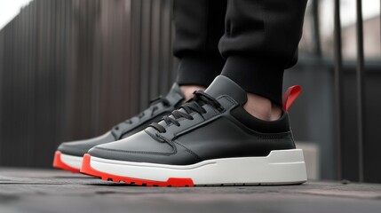 Stylish black sneakers on feet outdoors, urban setting