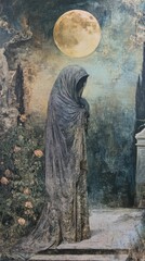 Naklejka premium Figure shrouded stands mournfully beneath a luminous moon and flowers.