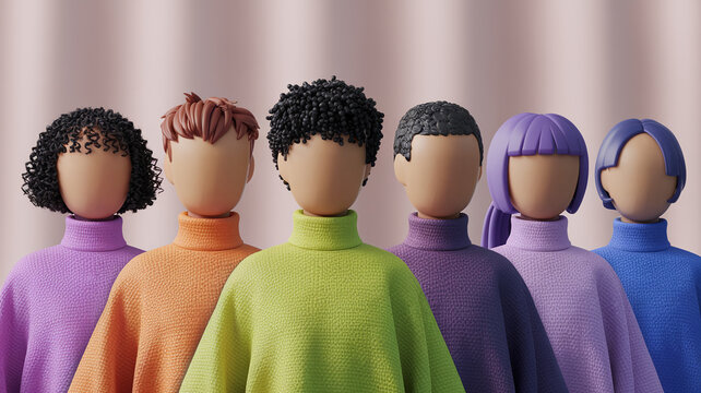Six faceless 3D figures with diverse hairstyles wear textured turtlenecks, showcasing diversity and inclusivity, ideal for representing a team or community