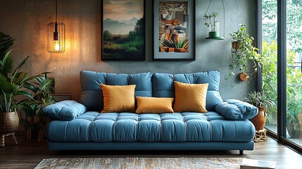 Modern blue fabric sofa with yellow pillows high resolution picture