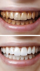 Fototapeta premium Before and after professional teeth whitening transformation showing dental improvement.
