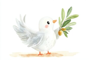 Fototapeta premium A charming illustration of a white dove holding an olive branch, symbolizing peace and hope.