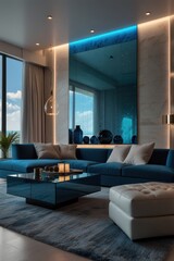 Modern living room with ocean view, featuring a large blue mirror, blue sofa, and glass coffee table