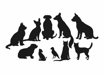 A collection of black silhouettes of various pets, including dogs, cats, and a small dog, arranged in a circle against a plain white background.