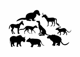 Black and white silhouette illustration of various prehistoric animals