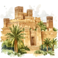 watercolor of Assyrian Empire, isolated on a white background.