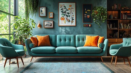 Modern teal couch in lush green ambiance high resolution image