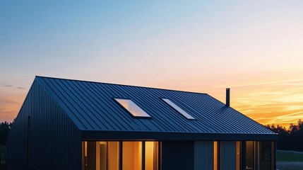 Obraz premium modern house with a sleek black metal roof and large skylight windows, illuminated by warm interior lighting against a breathtaking sunset sky in a serene countryside setting