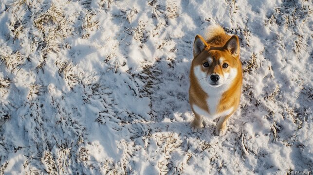 Shiba Inu dog in snowy field, looking up.  Possible use Stock photo for pet adoption campaigns or winter pet themes