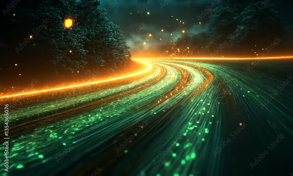 Poster luminous streams: abstract flowing light display with neon and emerald green hues
