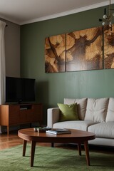 Modern living room with olive green walls, wooden coffee table, and off-white sofa