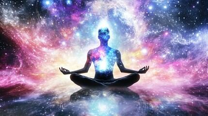 human figure meditating in the lotus position, cosmic background with stars and galaxies, Radiant light illuminates the person, vibrant, spiritual enlightenment, universe energy field concept