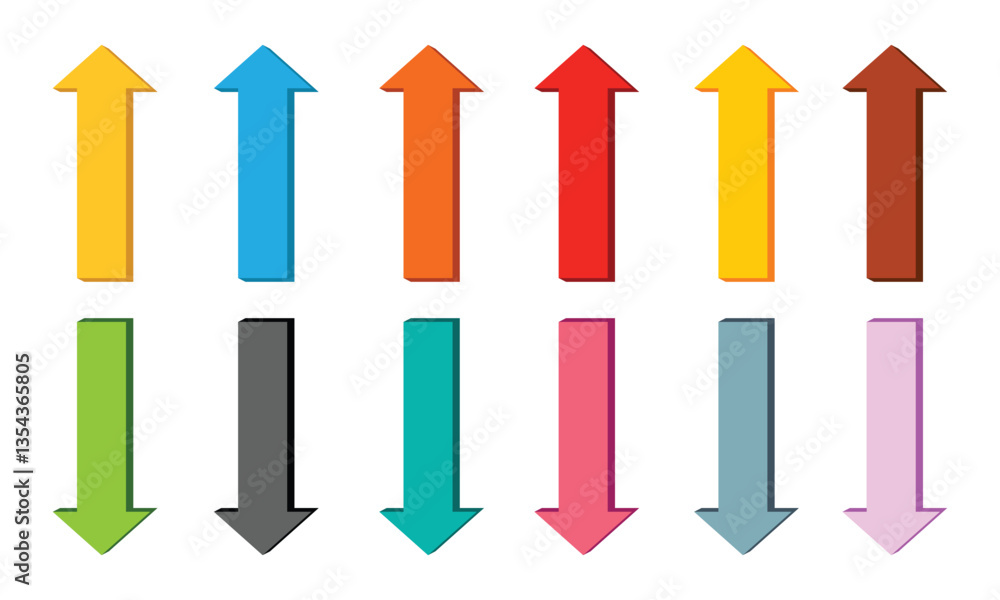 Poster long 3d single headed arrow icon set. multi colored single headed arrow icon set on white background