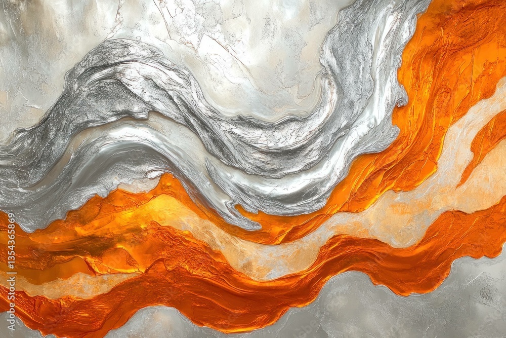 Poster abstract wavy pattern with silver and orange tones, creating a dynamic and vibrant visual effect, su