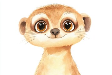 Obraz premium A cute, illustrated meerkat with large, expressive eyes, smiling gently against a plain white background.