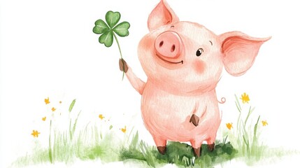 A cheerful cartoon pig holds a four-leaf clover, surrounded by green grass and yellow flowers, symbolizing luck and joy.