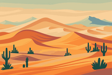 Fototapeta premium Sand dunes and rolling hills with desert trees a scenic landscape in EPS and vector format. Vibrant Desert Landscape with Cacti and Rolling Sand Dunes