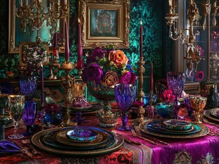 Fototapeta premium Lavish baroque dining scene with vibrant colors.