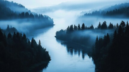 A serene landscape featuring a misty river winding through dense forests, creating a tranquil and mysterious atmosphere.