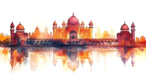 Watercolor Painting of Lahore Fort, Pakistan, Reflection on Water, Architecture, Landmark