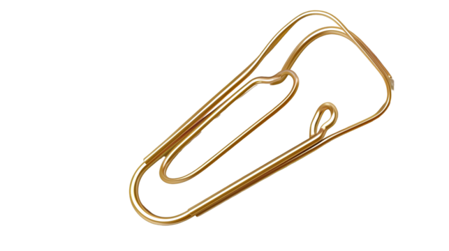 Golden Paperclip: A close-up shot of a shiny gold paperclip, isolated, offering a simple yet elegant representation of office supplies and organization.