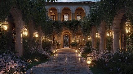 Elegant Mediterranean mansion with illuminated pathway and lush greenery