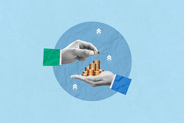 Investment, donate, donation, invest, saving money, profit and savings concept. Creative art collage of hands hold coins and passes it to the other hand indicates business investment