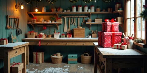 Rustic Workshop Filled with Holiday Cheer Snow-Dusted Wooden Tables Displaying Beautifully Wrapped Presents, Festive Decorations, and Tools Await the Celebration