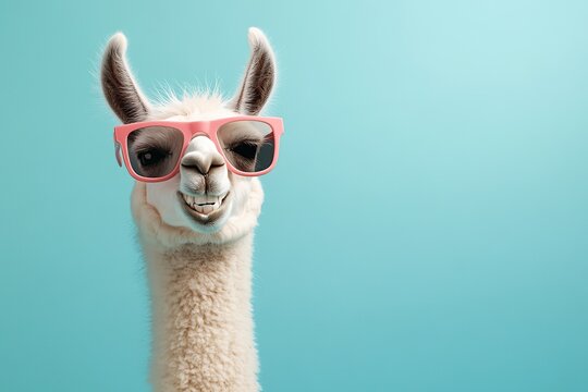 Portrait of beautiful llama with sunglasses on blue background