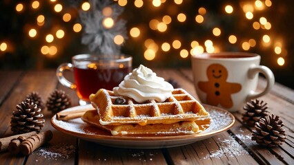 Inviting Christmas breakfast display with Belgian waffle and cozy ambiance