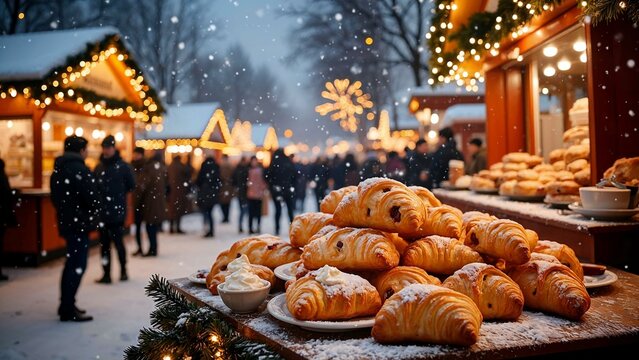 Festive gathering with golden brown peremech pastries in a winter wonderland